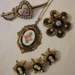 CORO marked GUILOUCHE brooch enamel pendant Cameo scatter pin lot